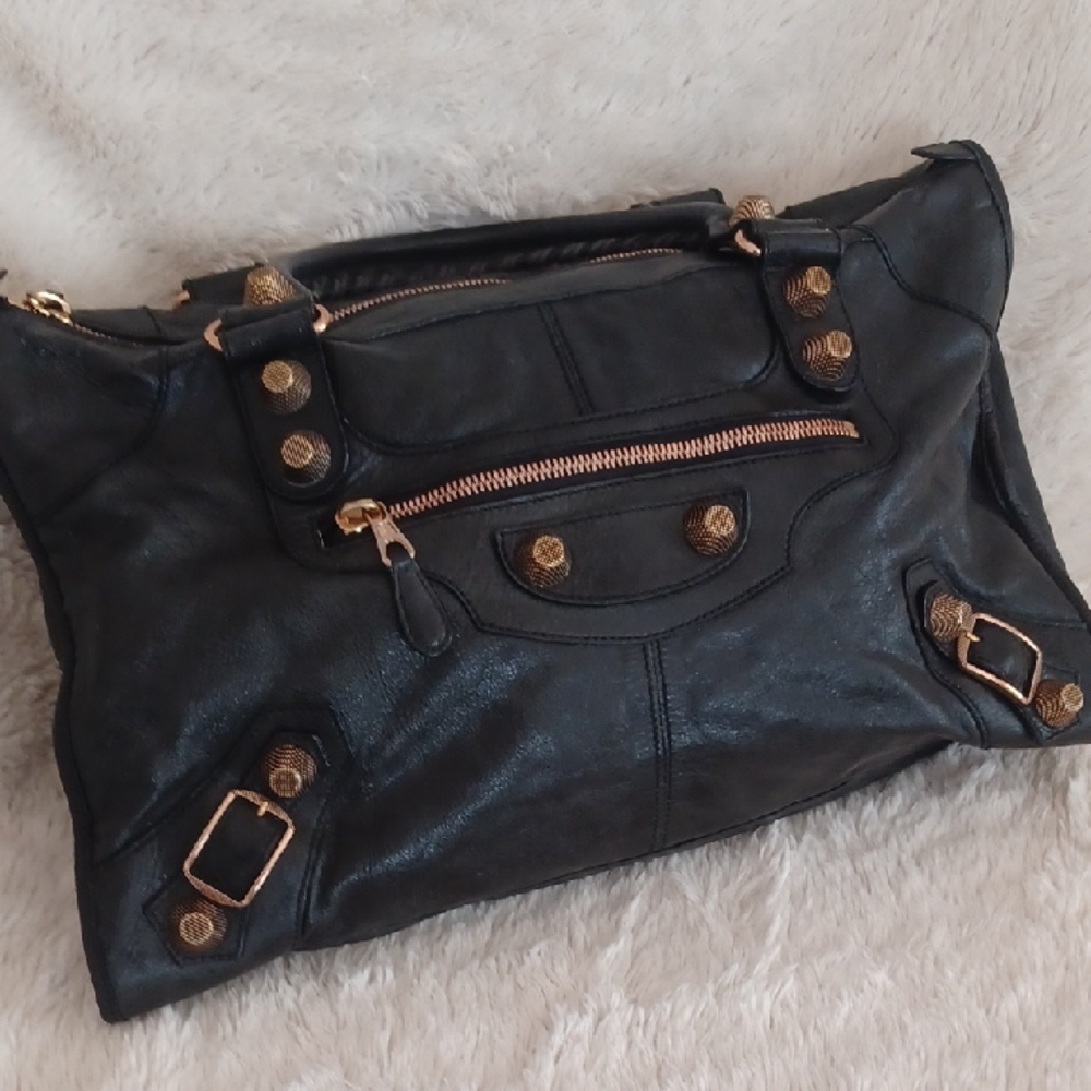 Balenciaga Black and Gold Shoulder Bag with Distinctive Hardware-HB290